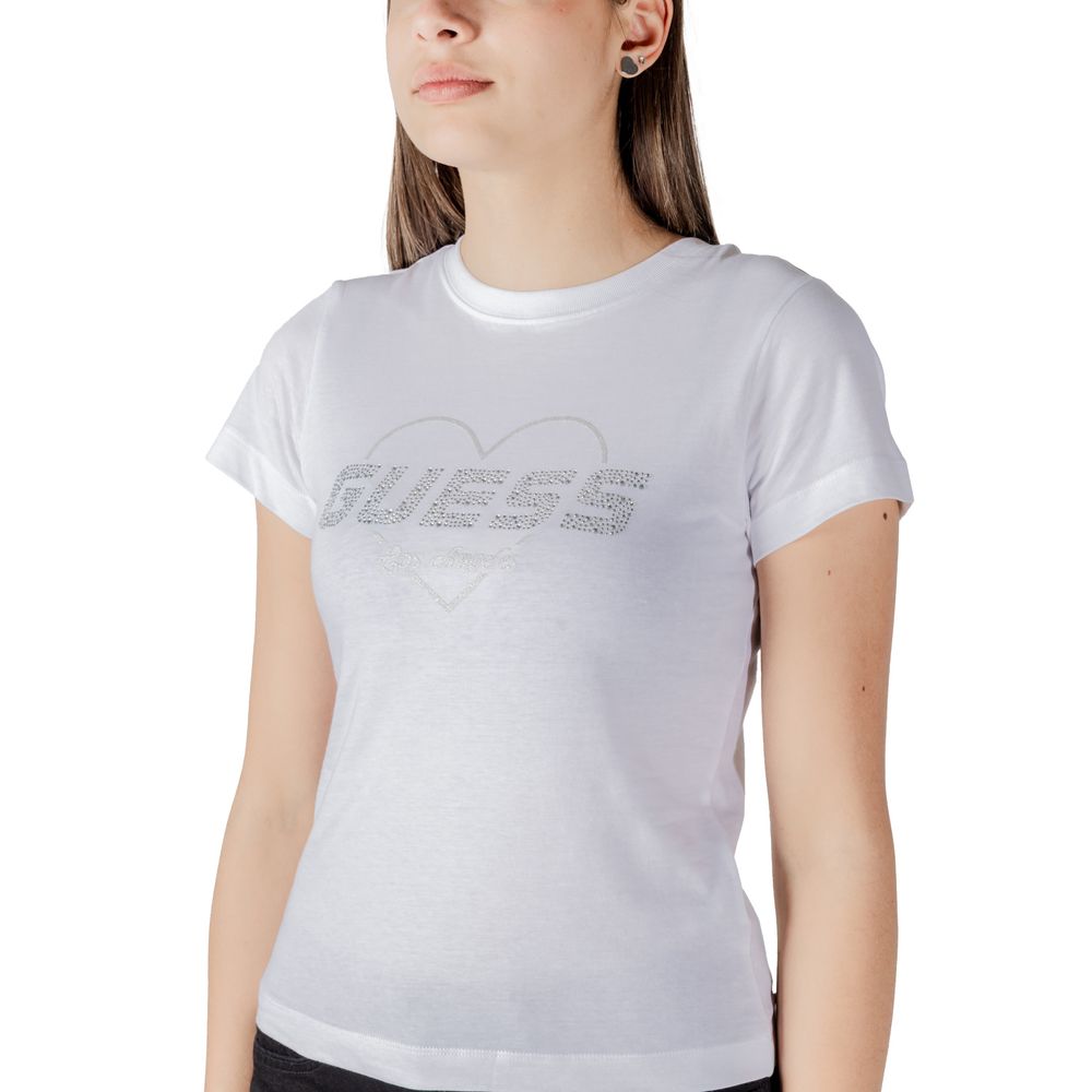 T-shirt blanc en coton Guess Active, coupe classique, logo Guess sur la poitrine, parfait pour le sport et le casual.