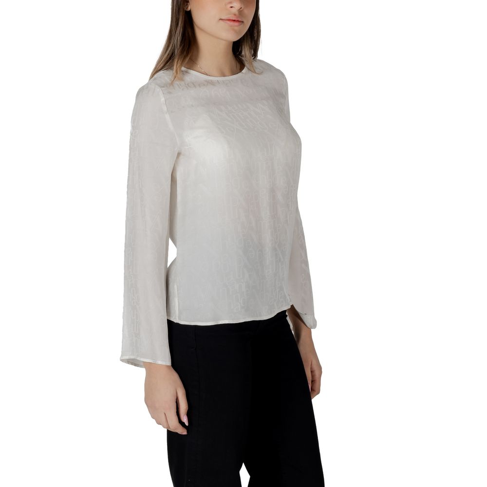 Blouse en viscose crème Armani Exchange avec col en V et manches longues, style élégant pour femme.