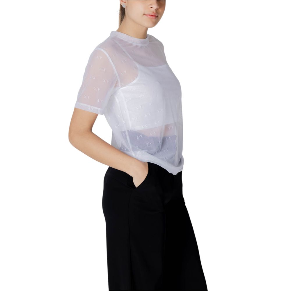 T-shirt blanc en polyamide de la marque Armani Exchange, coupe classique et matière légère visible sur l'image.