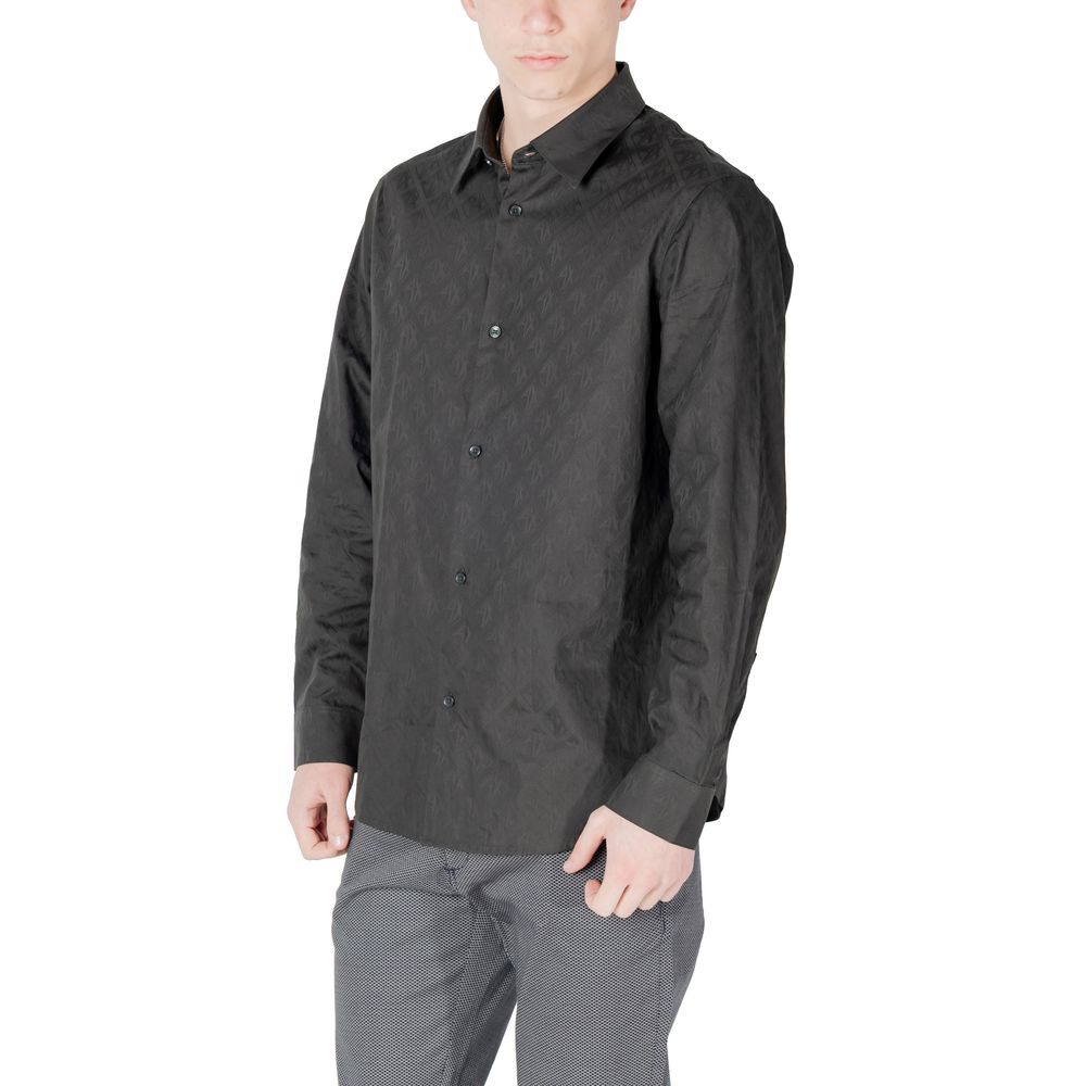 Chemise noire en coton Armani Exchange, vêtement élégant pour homme, avec col classique et boutons visibles.