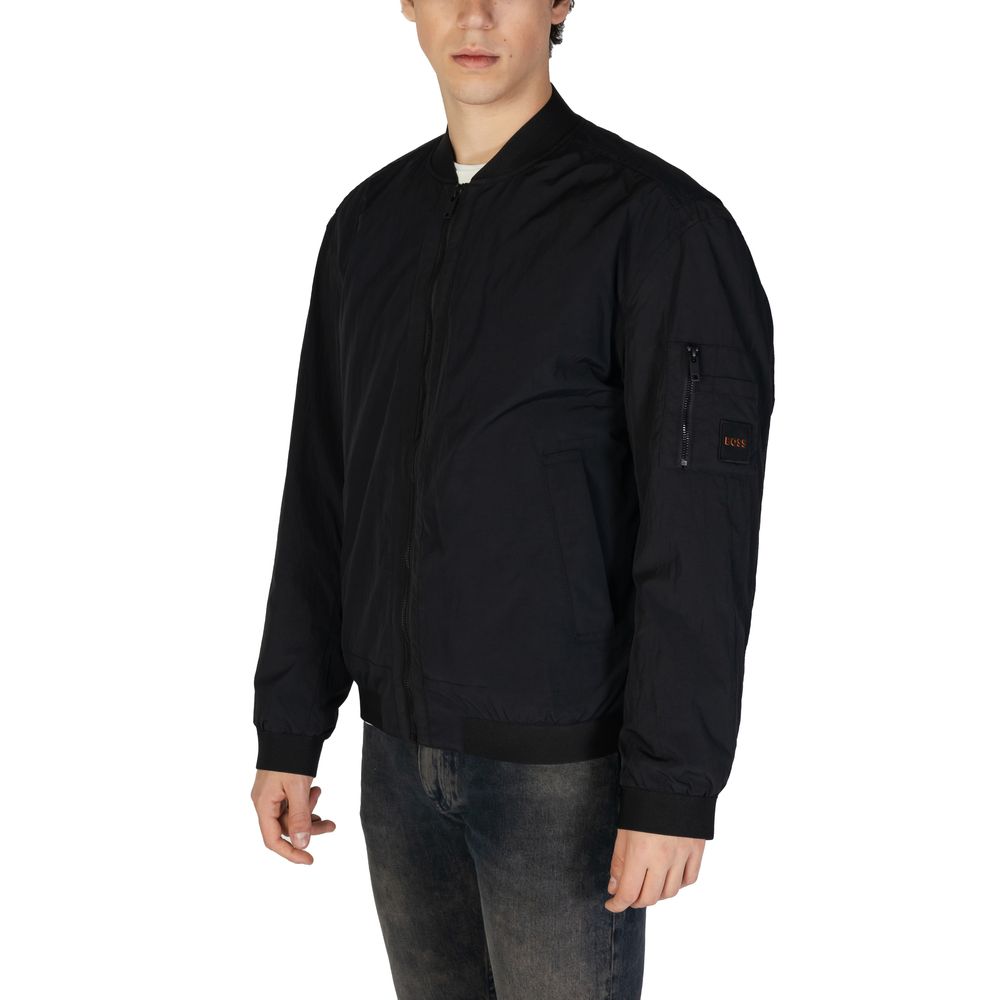 Veste bomber noire en polyamide de la marque Hugo Boss, avec fermeture éclair et col côtelé, vue de face.