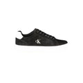 Chaussure sneaker pour homme Calvin Klein en cuir noir, vue de face avec détails de la semelle et du design moderne.