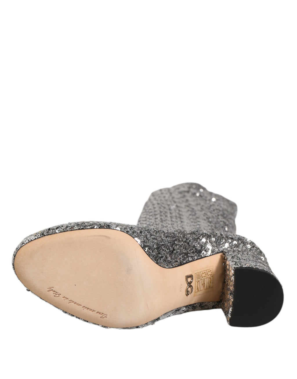 Chaussures à talons hauts Dolce & Gabbana en sequins argentés et paillettes brillantes, bottines élégantes et sophistiquées.