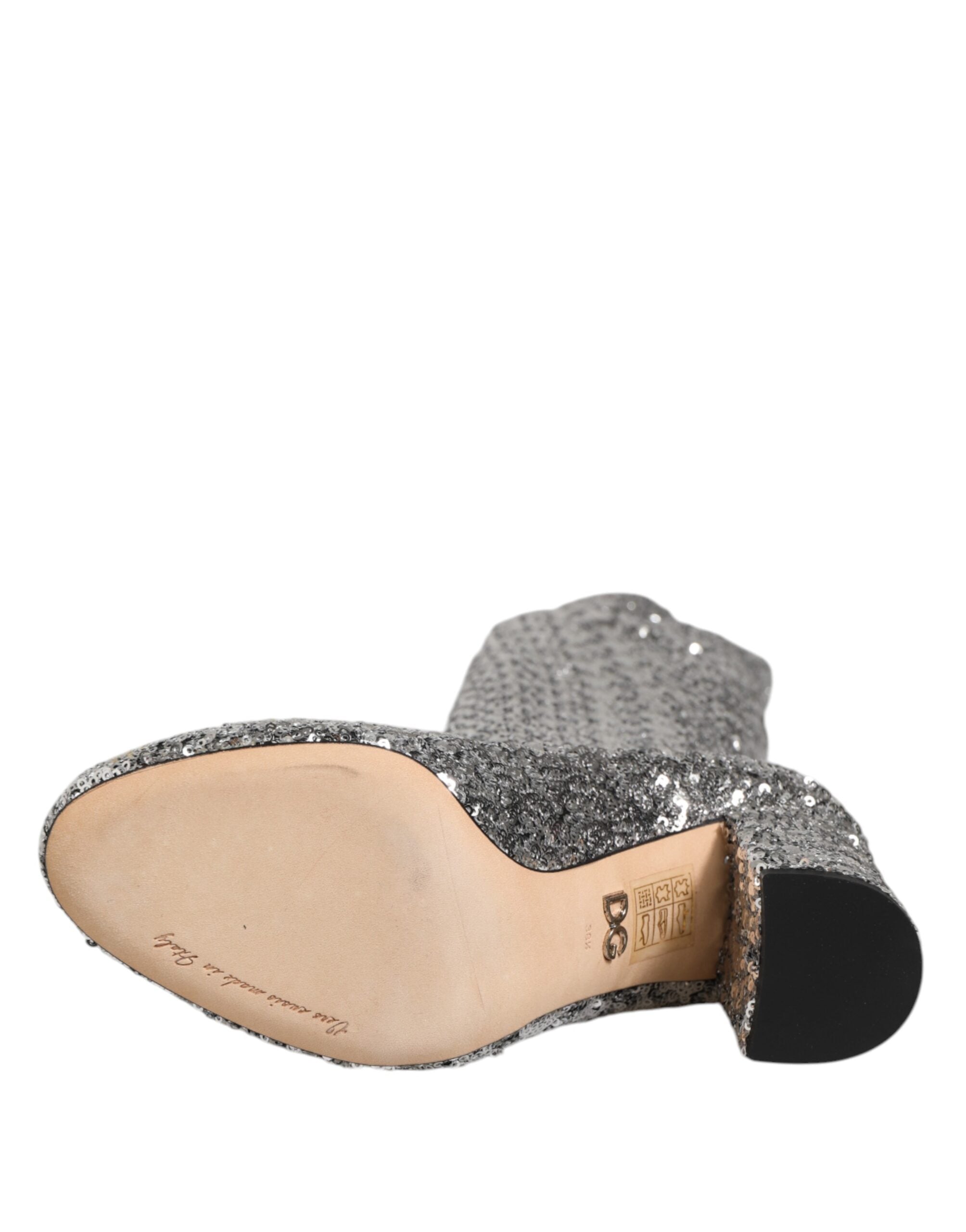 Chaussures à talons hauts Dolce & Gabbana en sequins argentés et paillettes brillantes, bottines élégantes et sophistiquées.