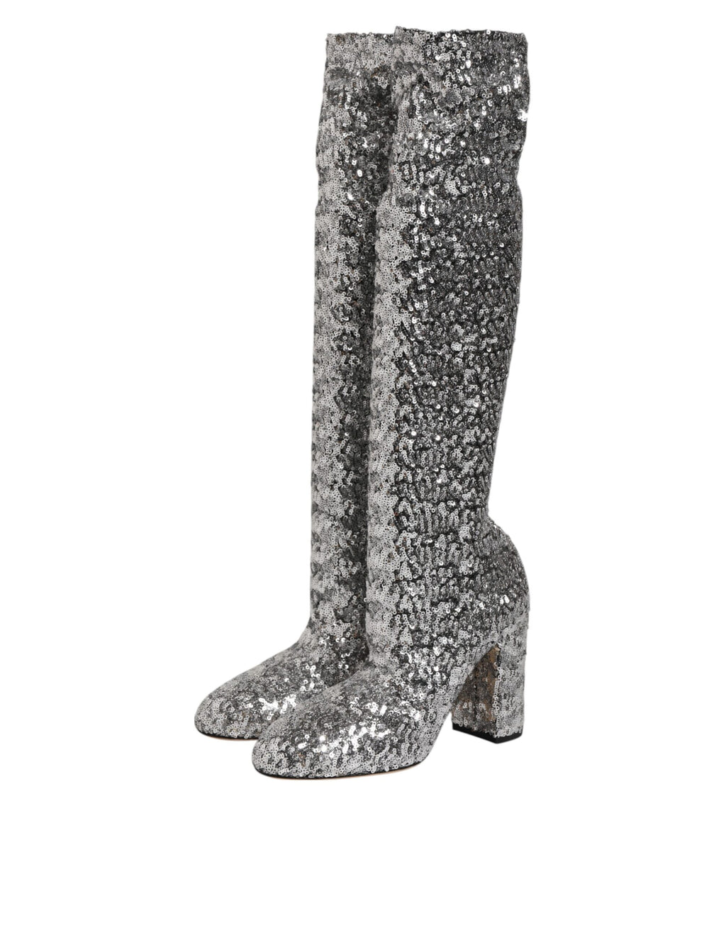 Bottes à talons hauts en sequins argentés de Dolce & Gabbana, chaussures de soirée scintillantes en glitter élégantes.