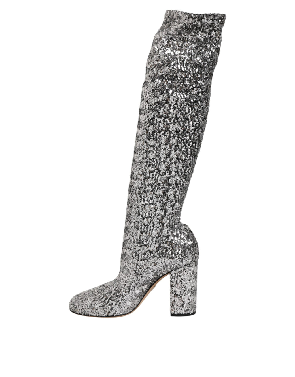 Bottines à talons hauts Dolce & Gabbana en sequins argentés brillants, élégantes et tendance, avec semelle en cuir.