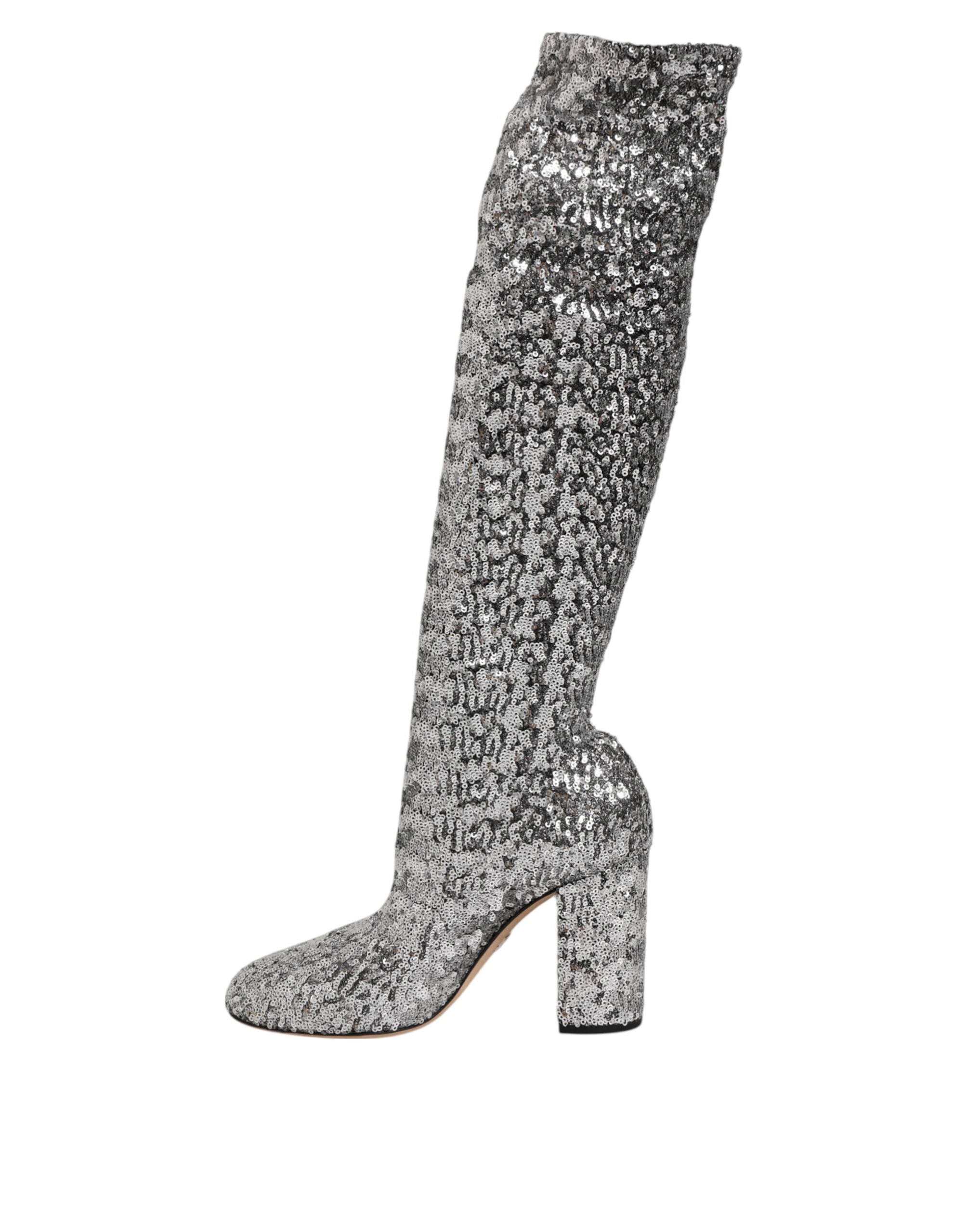 Bottines à talons hauts Dolce & Gabbana en sequins argentés brillants, élégantes et tendance, avec semelle en cuir.