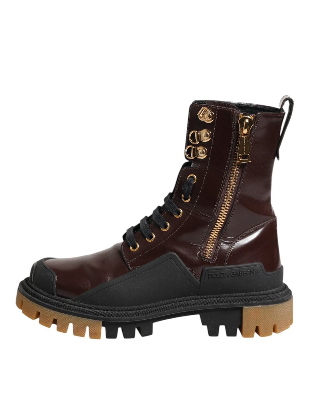 Bottes de moto en cuir marron bourgogne Dolce & Gabbana, mi-mollet, style robuste et élégant.