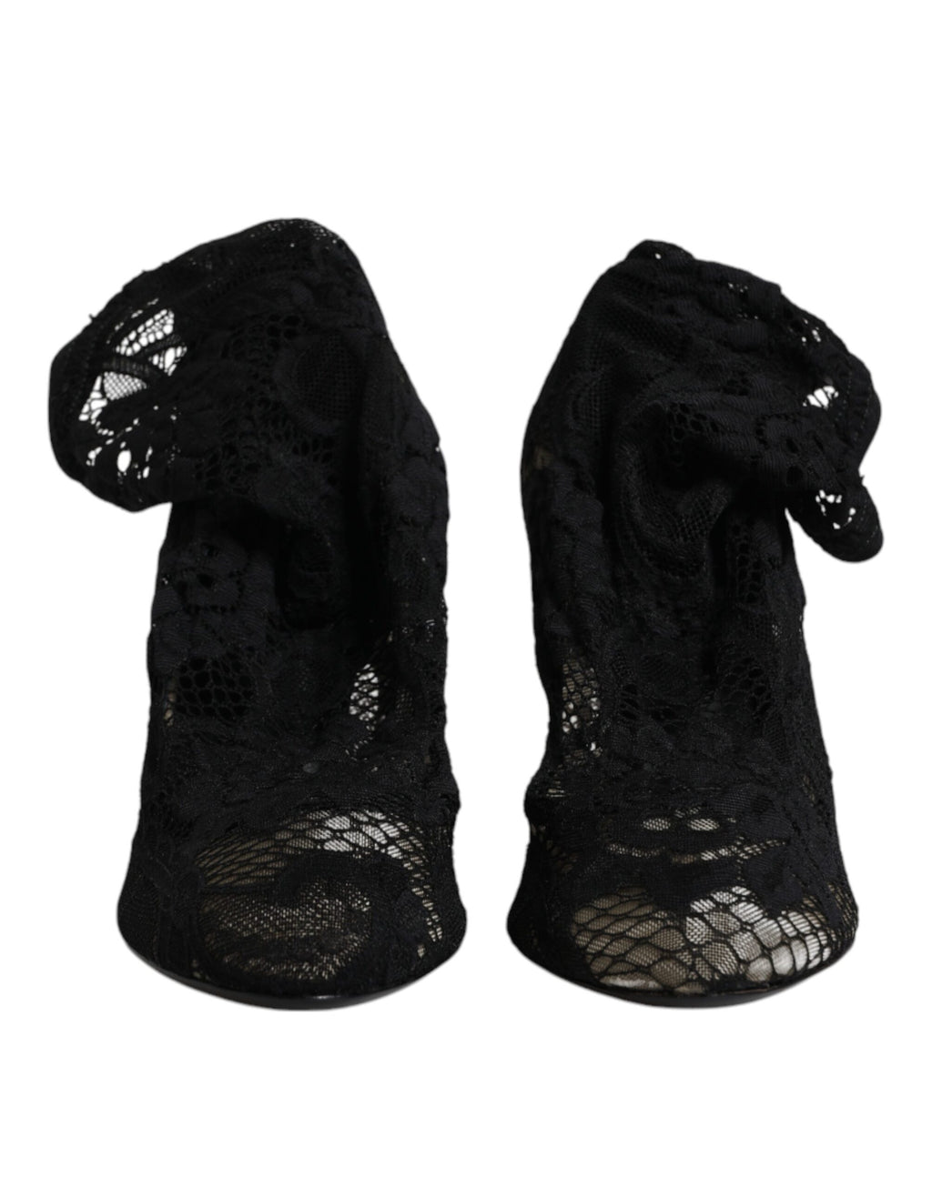 Chaussures Dolce & Gabbana à talons noirs en dentelle stretch, bottes mi-mollet élégantes et sophistiquées.