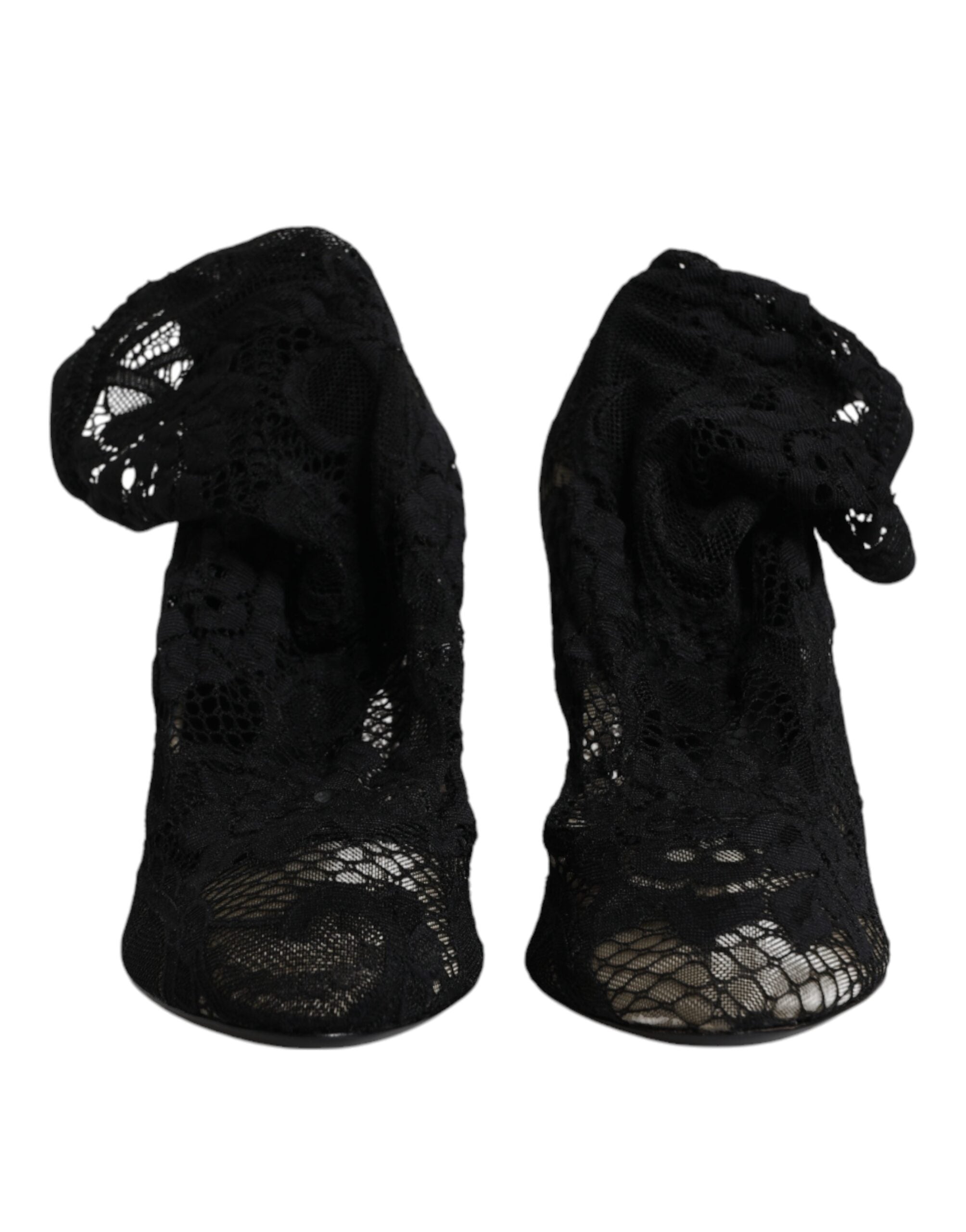 Chaussures Dolce & Gabbana à talons noirs en dentelle stretch, bottes mi-mollet élégantes et sophistiquées.