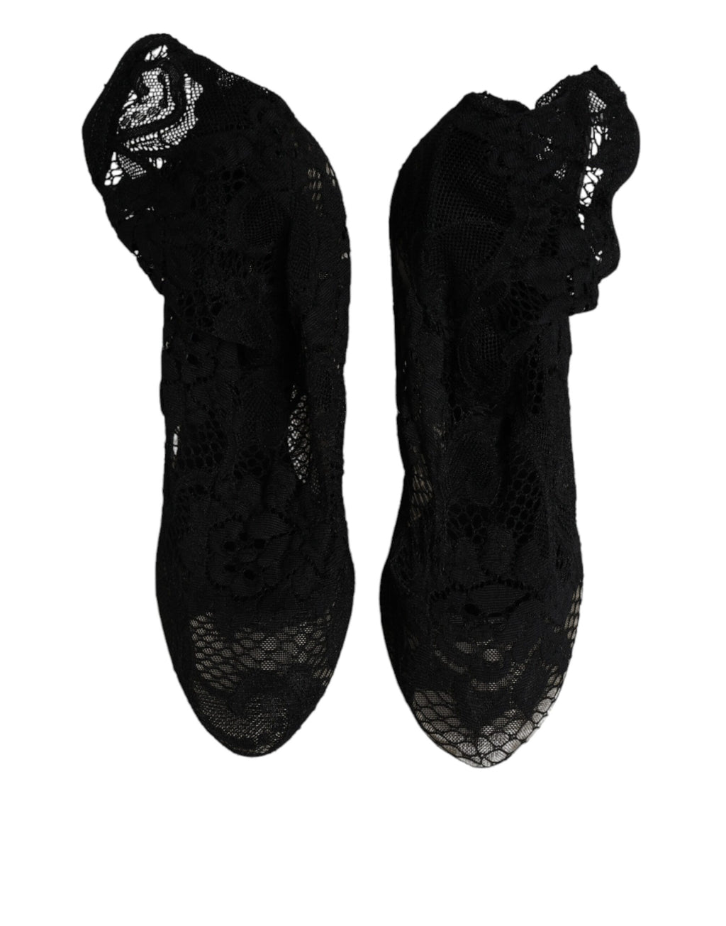 Chaussures Dolce & Gabbana à talons noirs en dentelle extensible, bottines mi-mollet élégantes et sophistiquées.