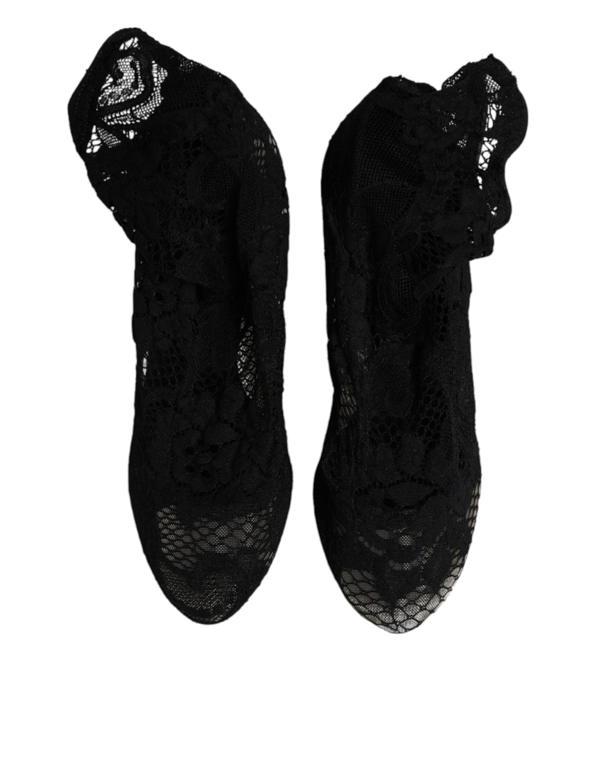 Chaussures Dolce & Gabbana à talons noirs en dentelle extensible, bottines mi-mollet élégantes et sophistiquées.