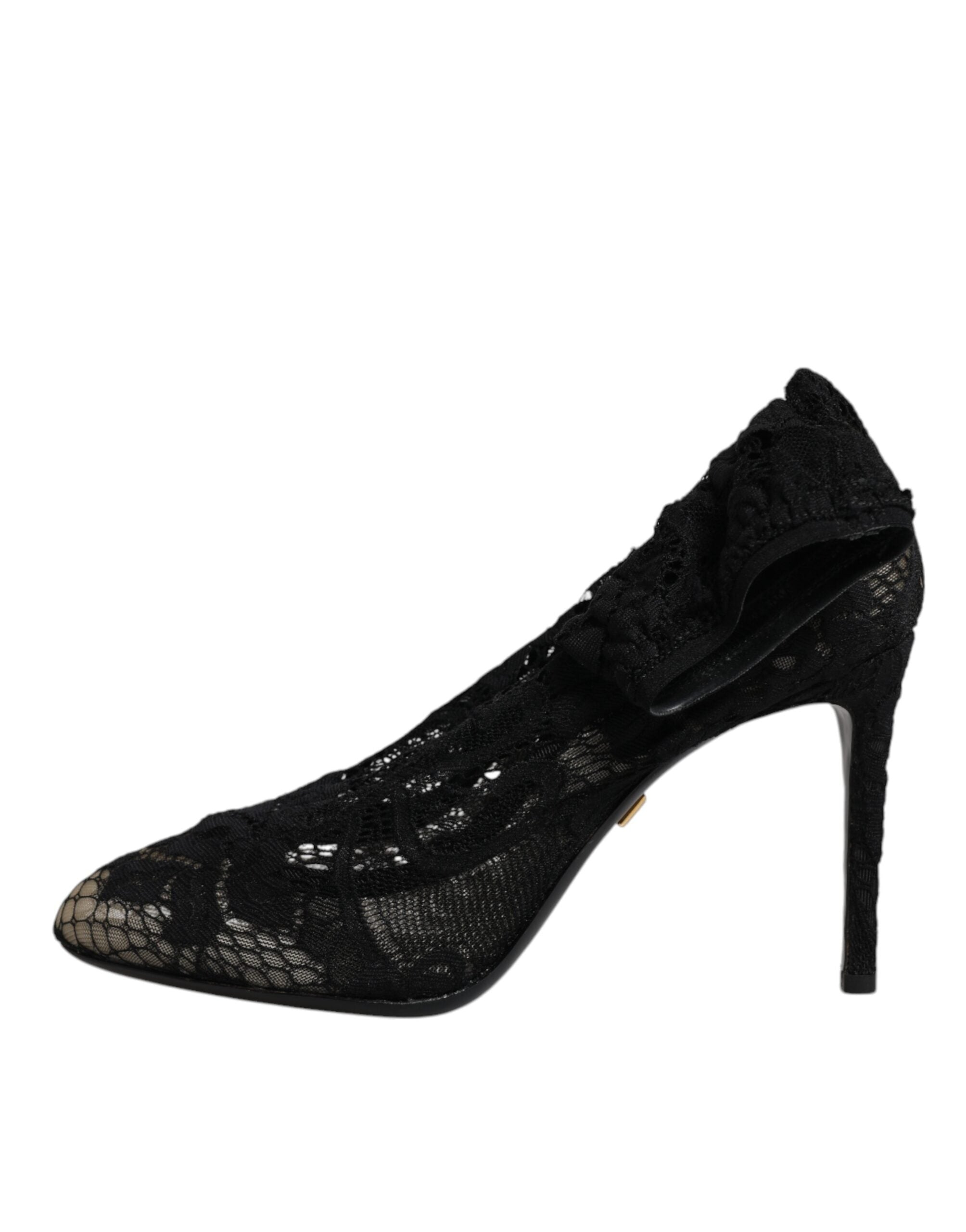 Chaussures Dolce & Gabbana talons en dentelle noire, bottines mi-mollet en stretch avec talons hauts élégants.