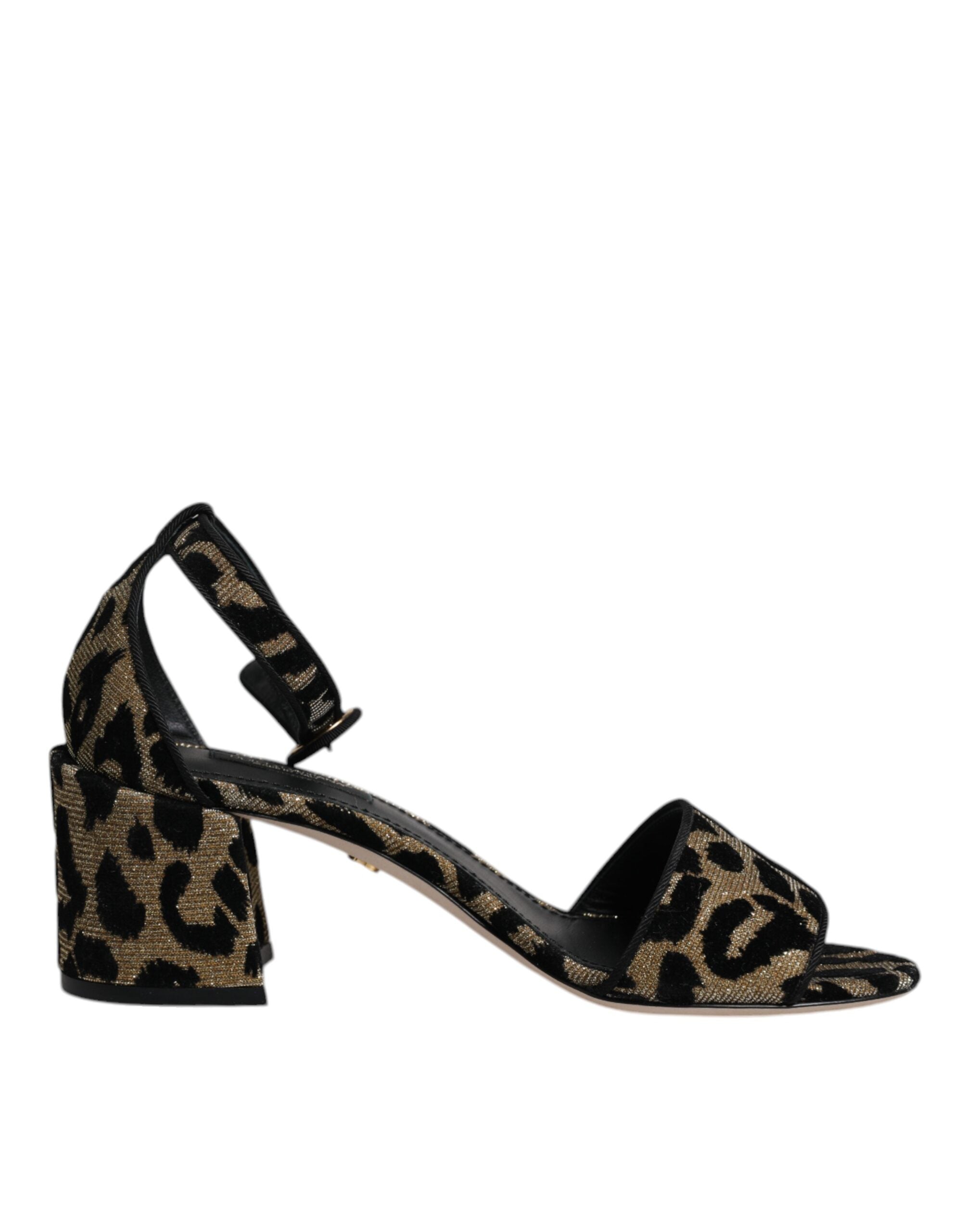 Sandales à talons Dolce & Gabbana dorées avec motif léopard et bride à la cheville, élégantes et tendance.