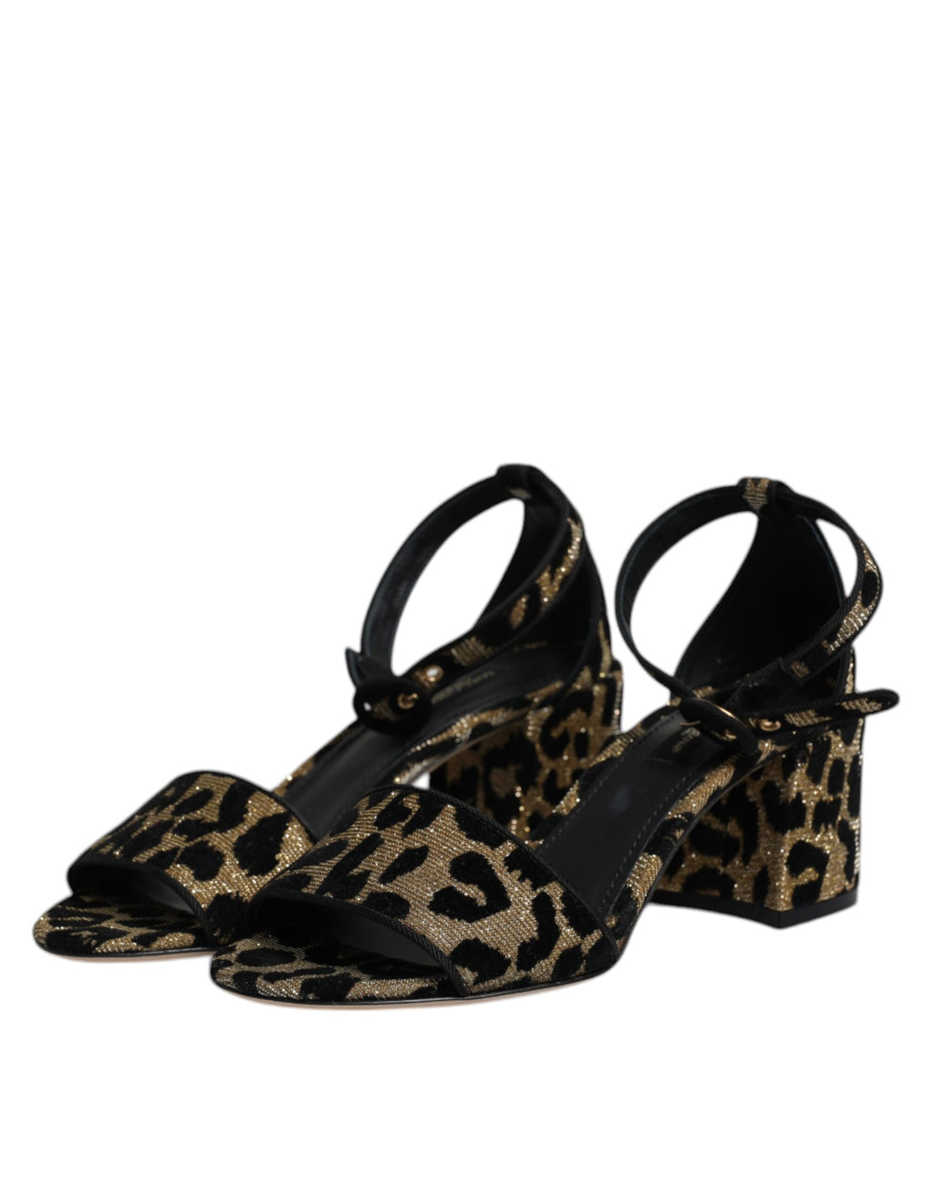 Sandales à talons Dolce & Gabbana or avec motif léopard, bride à la cheville et semelle en cuir, chaussures élégantes et tendance.