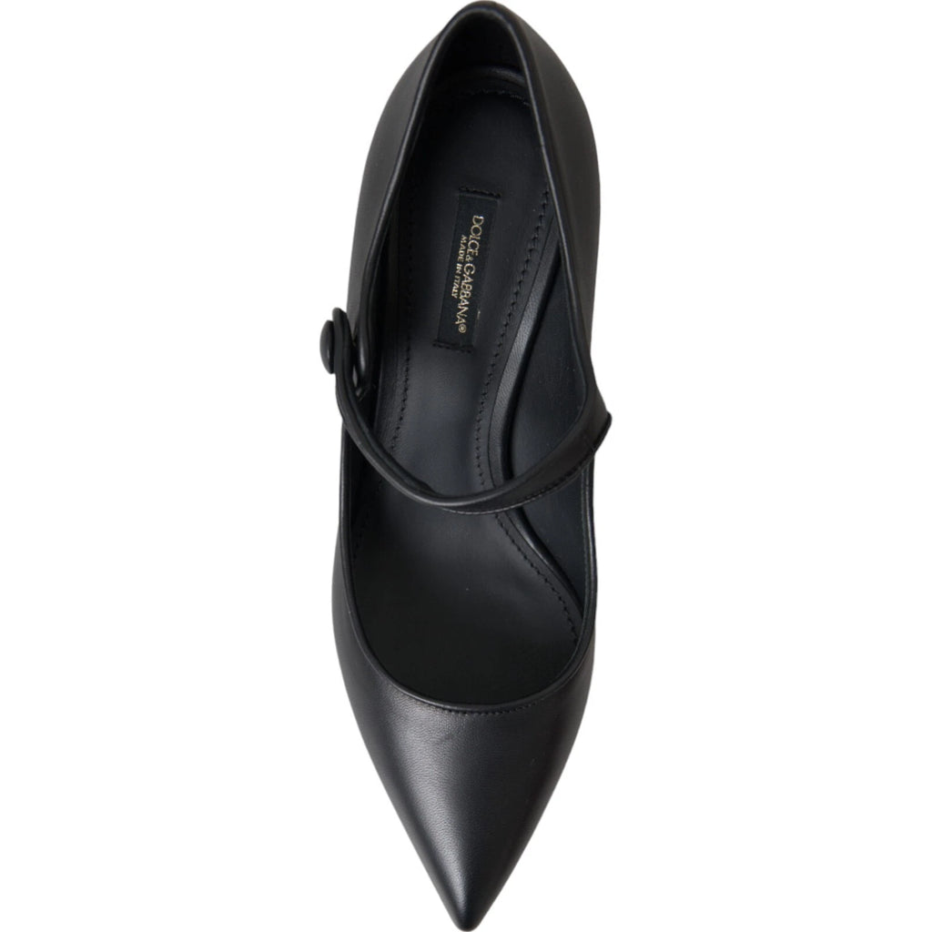 Chaussures à talons noires Dolce & Gabbana en cuir, modèle Mary Janes avec logo, élégantes et sophistiquées.