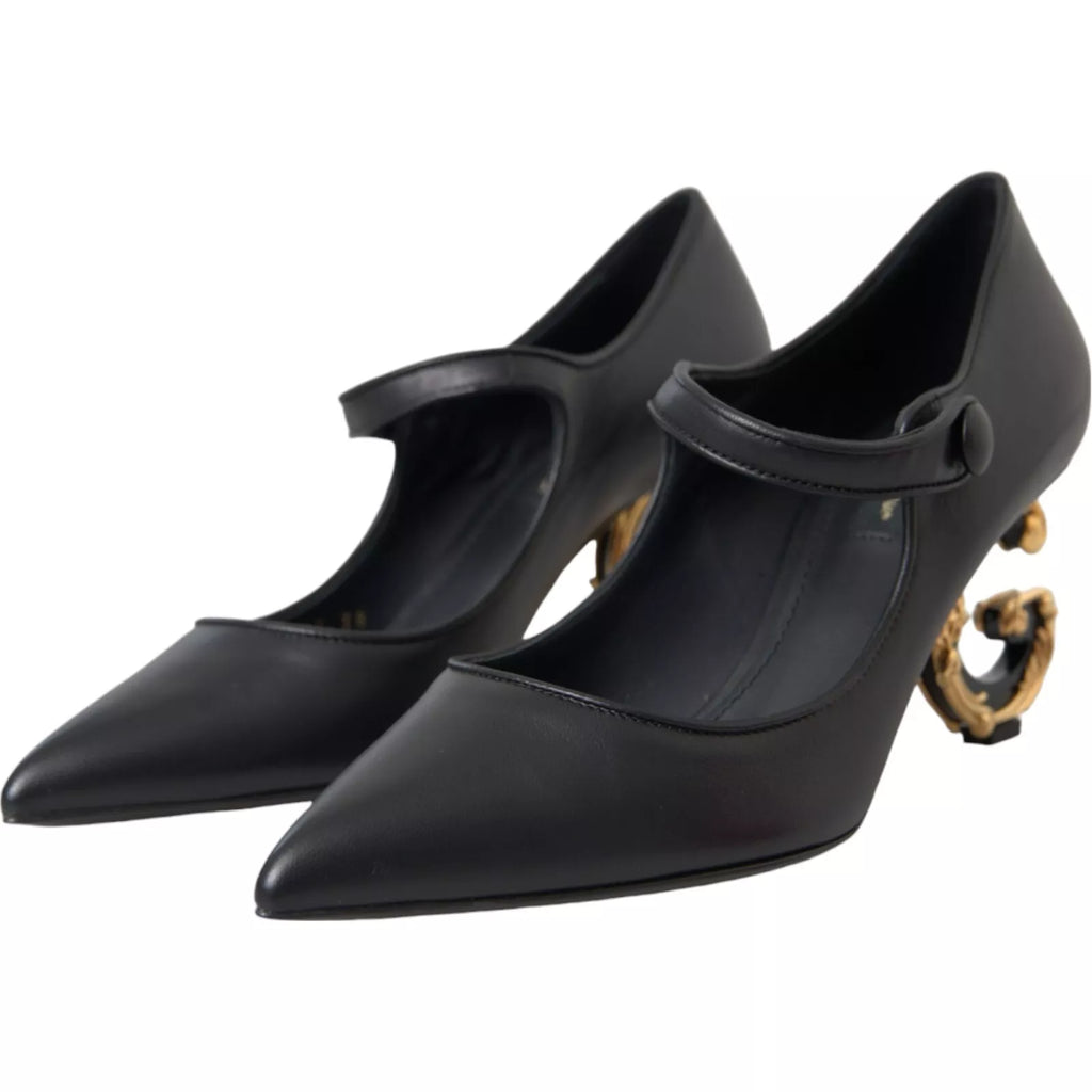 Chaussures à talons Dolce & Gabbana, escarpins noirs en cuir avec logo, style Mary Janes élégants et sophistiqués.
