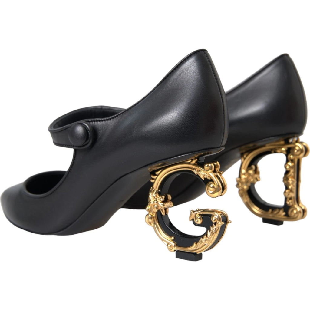 Chaussures Dolce & Gabbana, talons noirs en cuir avec logo, style Mary Janes élégants pour femmes.