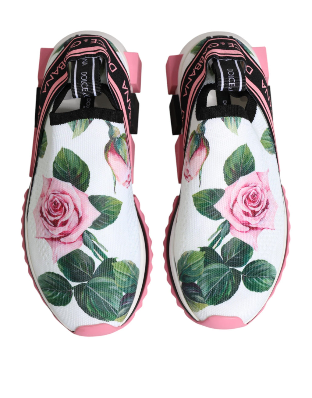 Chaussures sneakers blanches Dolce & Gabbana Sorrento avec imprimé rose, vue de face, en tissu léger et style élégant.