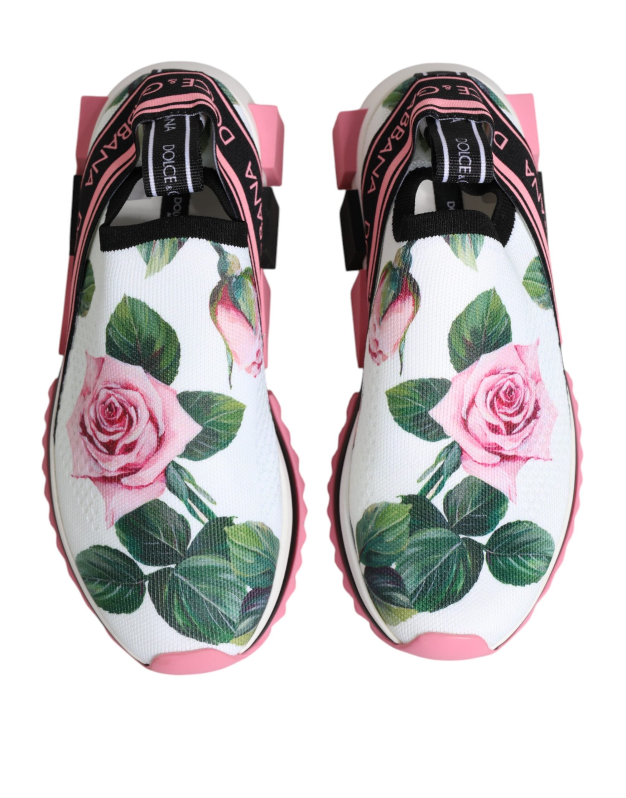 Chaussures sneakers blanches Dolce & Gabbana Sorrento avec imprimé rose, vue de face, en tissu léger et style élégant.