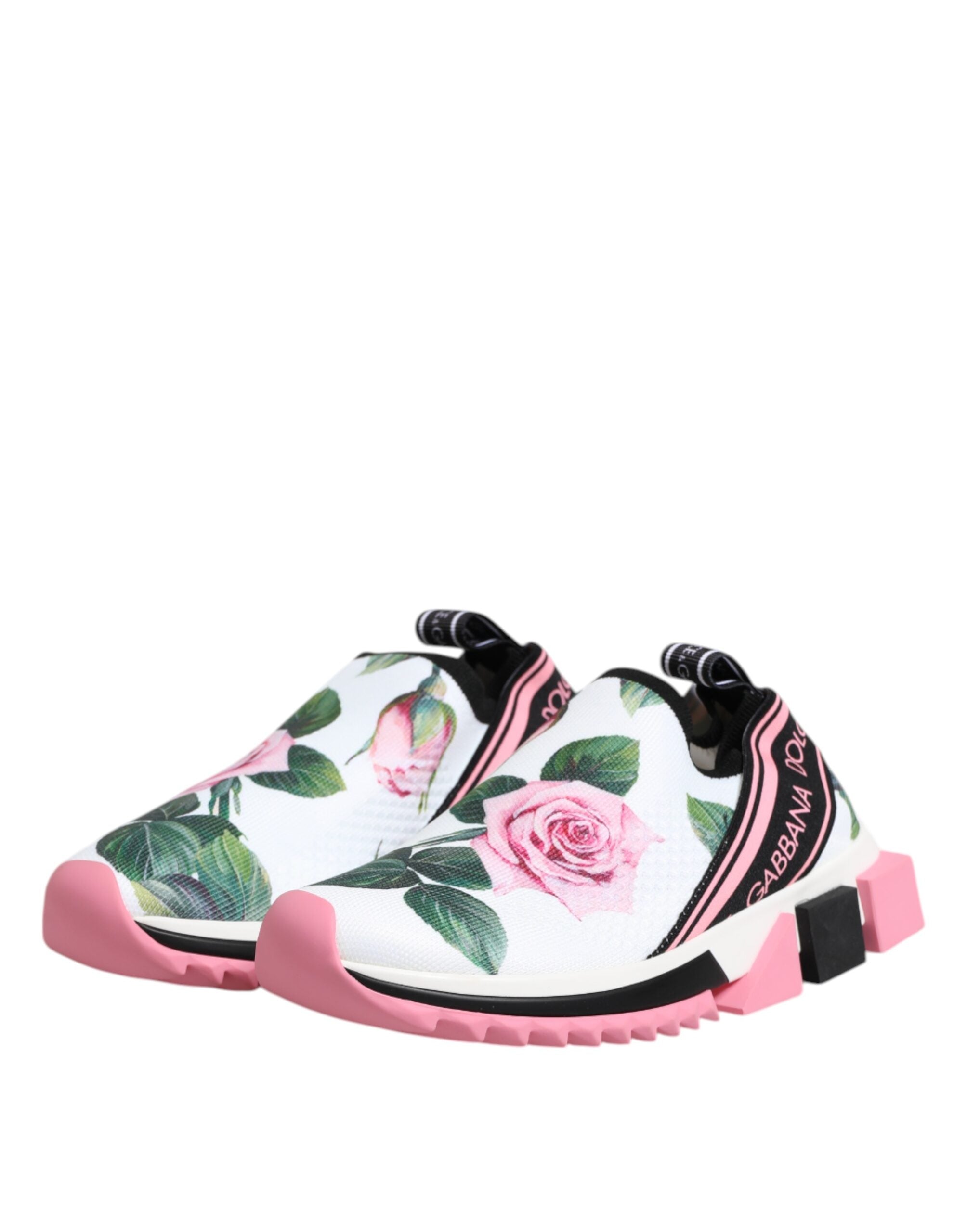 Chaussures Dolce & Gabbana Sorrento blanches avec imprimé roses, baskets élégantes en toile pour femmes