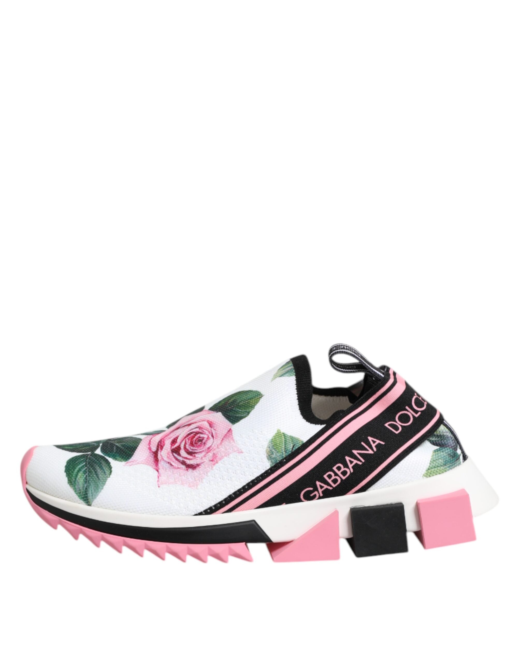 Chaussures sneakers blanches Dolce & Gabbana Sorrento avec imprimé de roses blanches, vue de face.