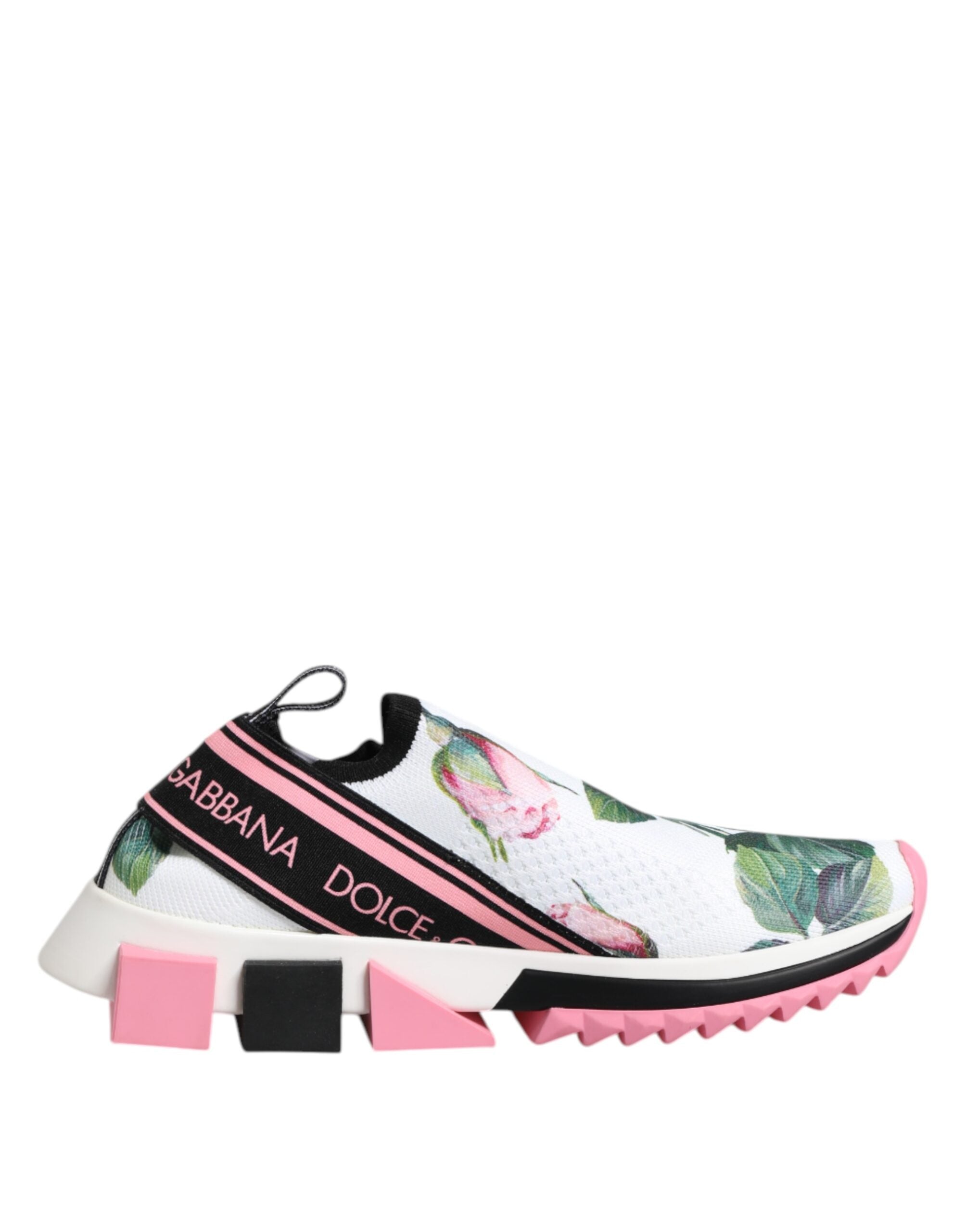 Chaussures sneakers Dolce & Gabbana Sorrento blanches avec imprimé de roses blanches, vue de face.