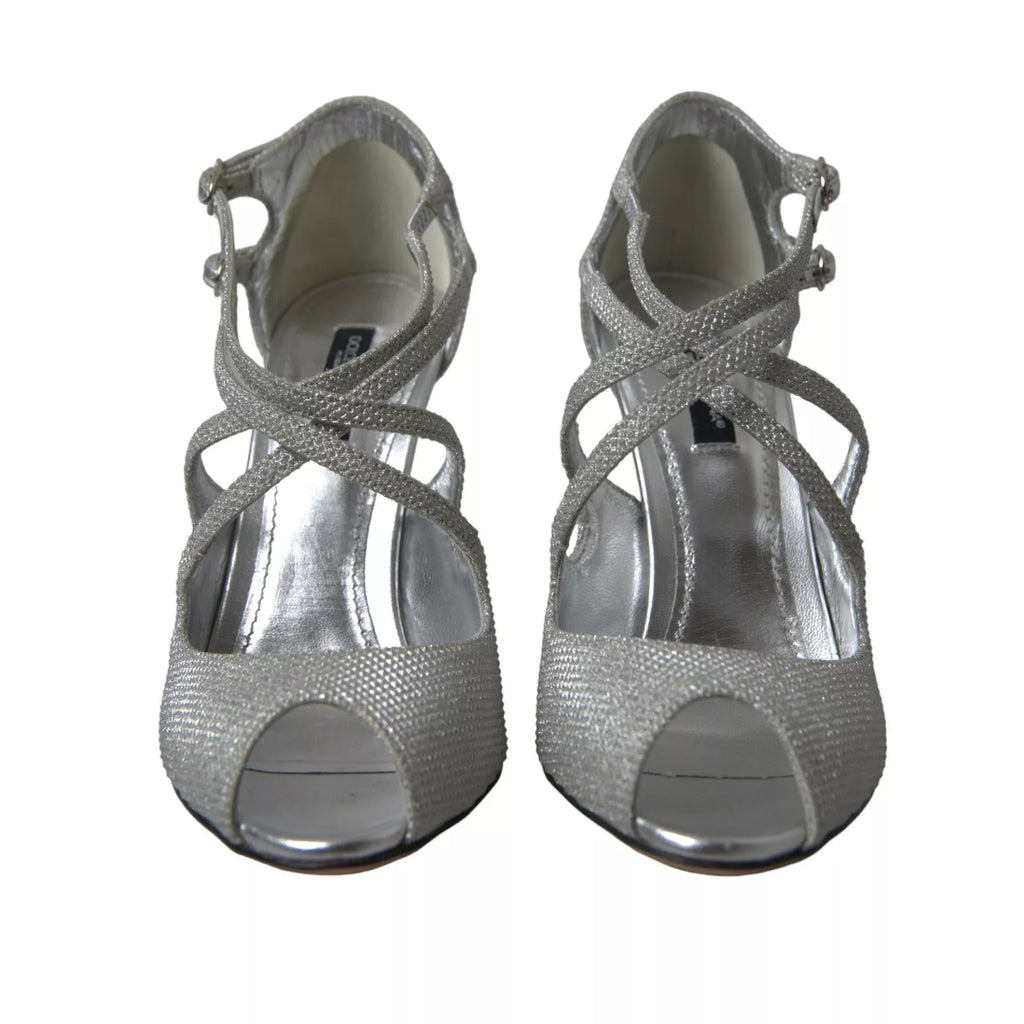 Sandales à talons Dolce & Gabbana en argent brillant, chaussures élégantes avec semelle en cuir et design sophistiqué.