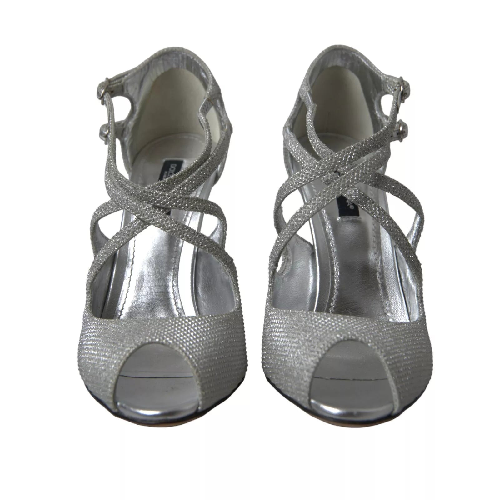 Sandales à talons Dolce & Gabbana en argent brillant, chaussures élégantes avec semelle en cuir et design sophistiqué.