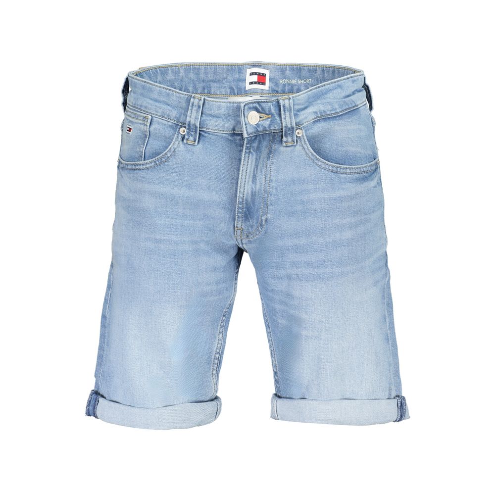 Shorts pour homme en coton Tommy Hilfiger de couleur azur, avec logo discret et taille ajustable visible sur l'image.