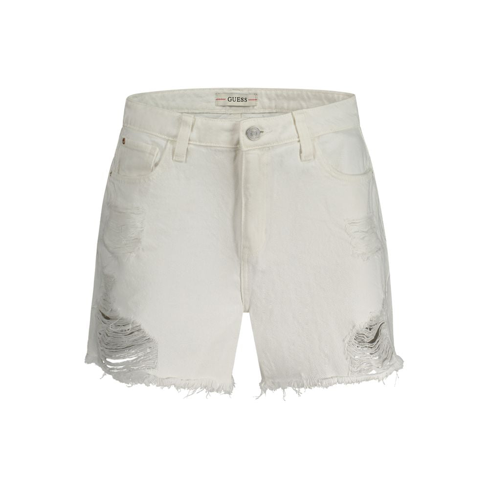 Shorts en coton blanc pour femmes Guess Jeans, coupe courte avec détails tendance, parfaits pour un look décontracté.