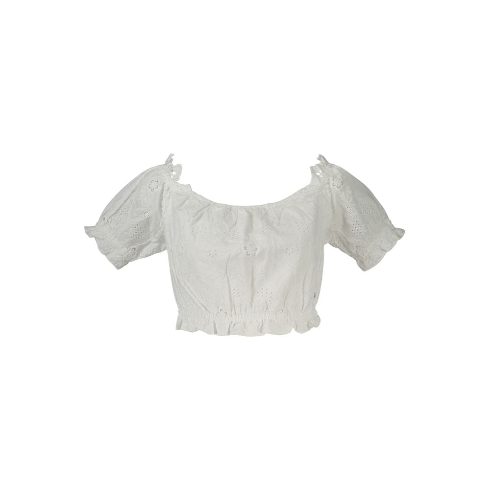 Chemise pour femme Guess Jeans en coton blanc, style décontracté, avec col classique et boutons, vue de face.