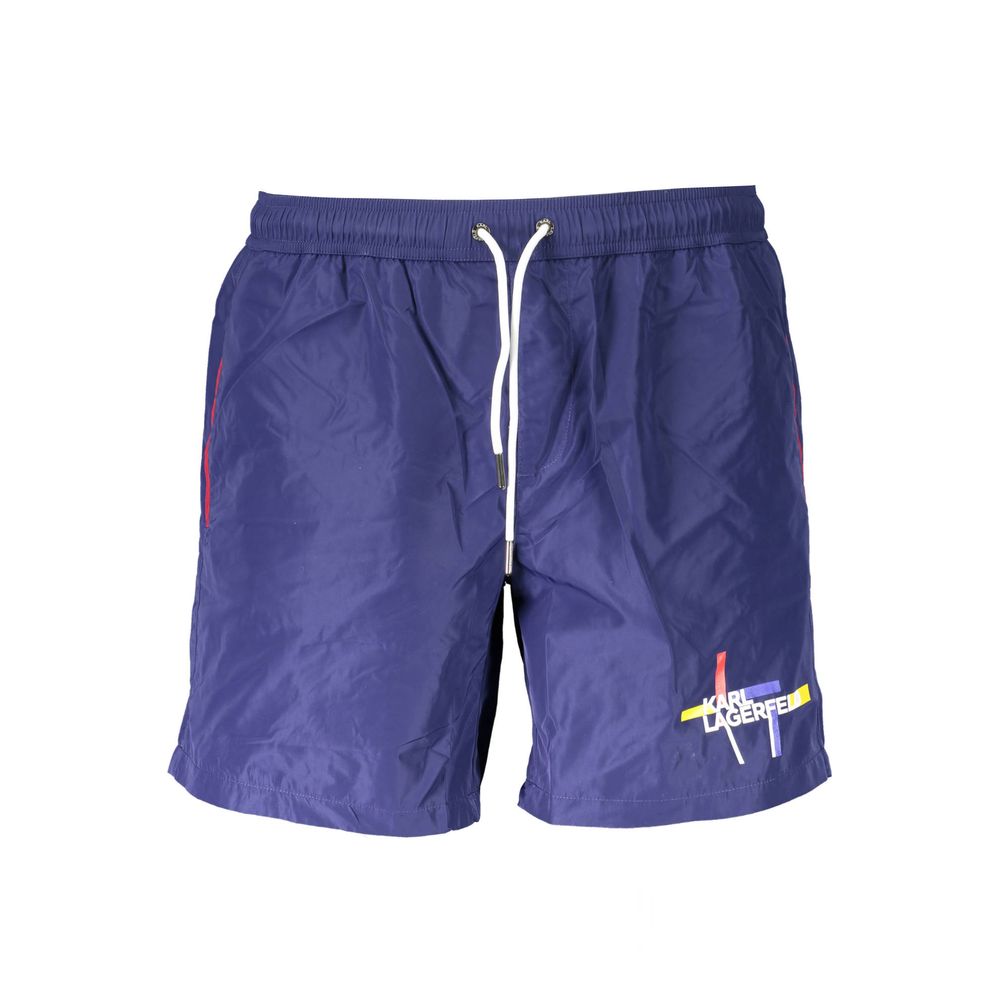 Shorts de bain pour homme Karl Lagerfeld en polyester bleu, style boxer avec logo de la marque visible.
