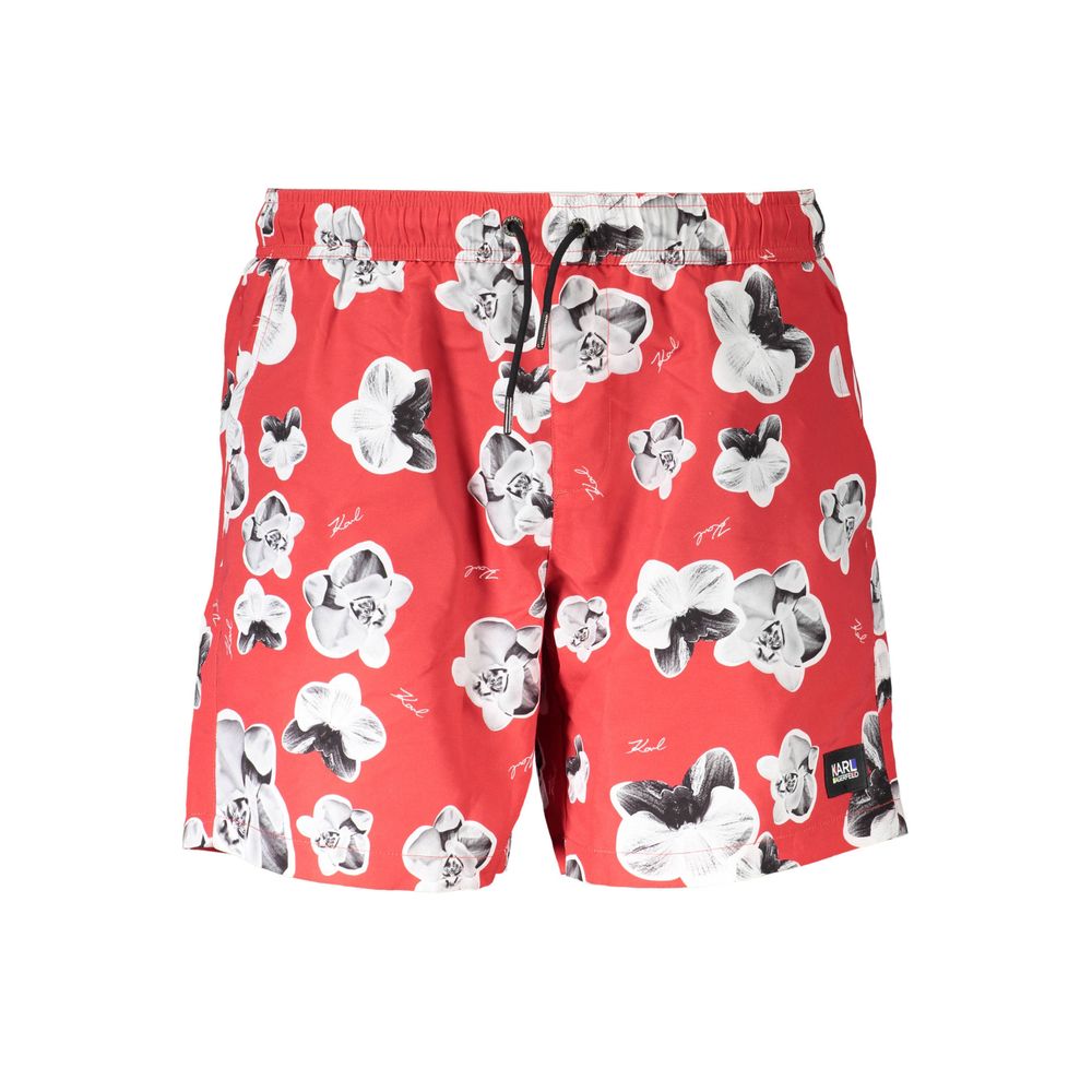 Maillot de bain homme Karl Lagerfeld rouge en polyester, coupe classique avec logo visible, adapté à la plage ou à la piscine.