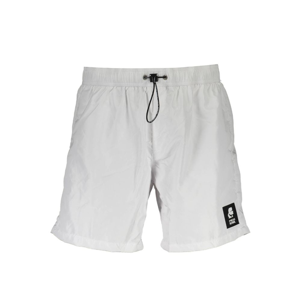 Shorts de bain pour homme Karl Lagerfeld en polyester blanc avec logo noir, style sportif et confortable.