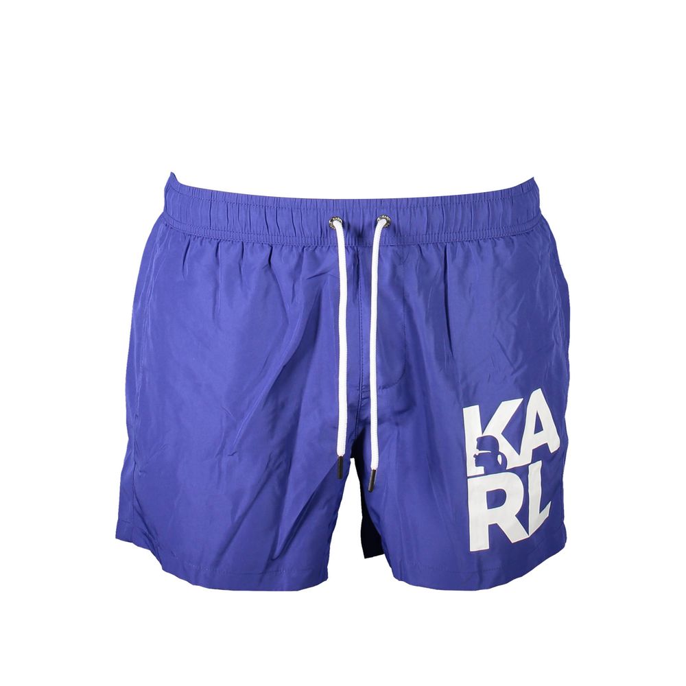 Shorts de bain homme Karl Lagerfeld en polyester bleu, style sportif avec logo visible, parfait pour la plage ou la piscine.