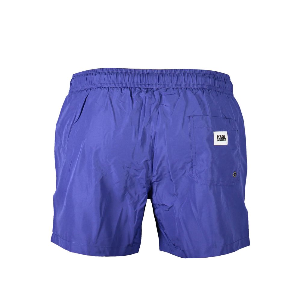 Maillot de bain homme Karl Lagerfeld en polyester bleu avec logo noir, style élégant et contemporain.