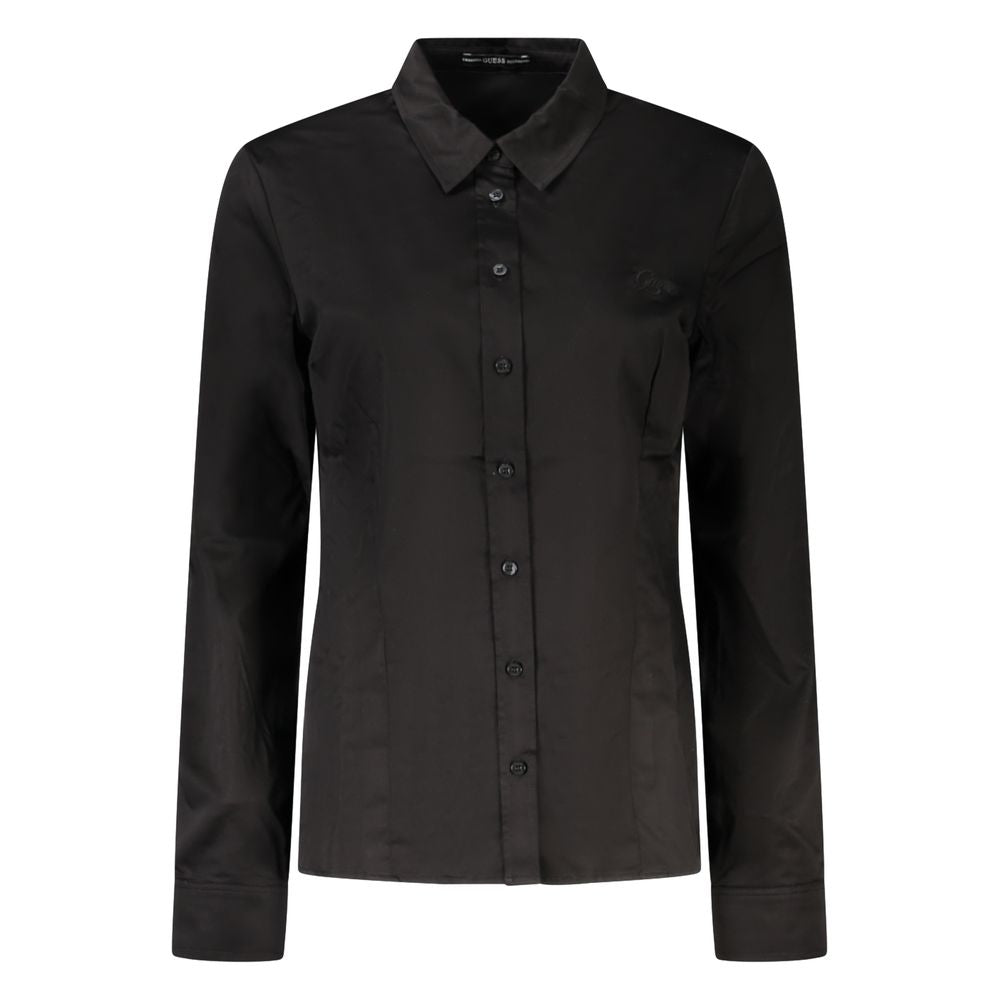 Chemise noire en coton pour femme de Guess Jeans, tissu doux, coupe élégante, visible avec col et manches longues.