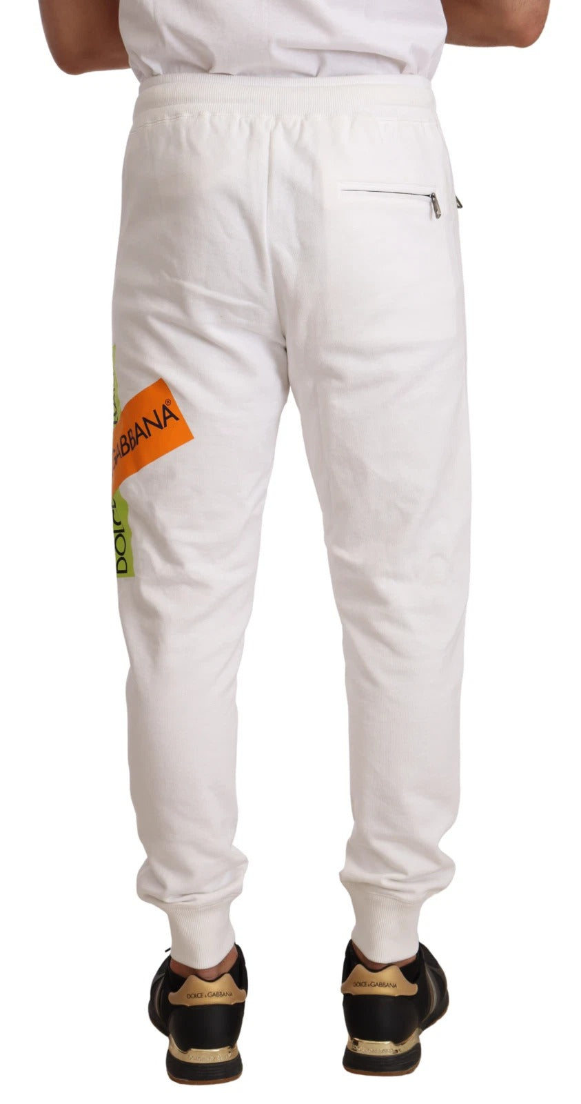Pantalons de jogging en coton blanc Dolce & Gabbana avec patch logo, style décontracté et confortable.