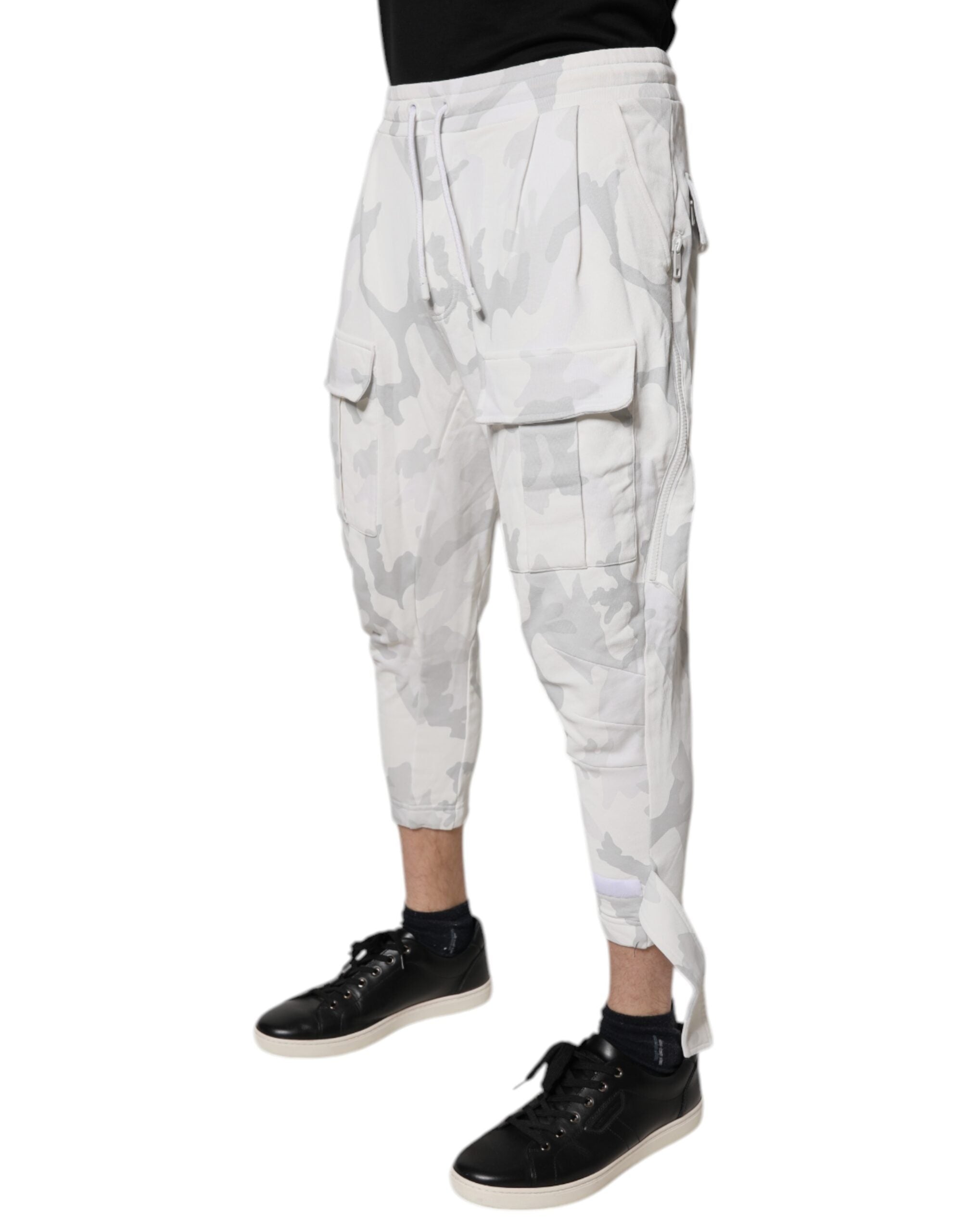 Pantalon cargo Dolce & Gabbana blanc à camouflage, jogger en coton avec poches latérales et style décontracté.