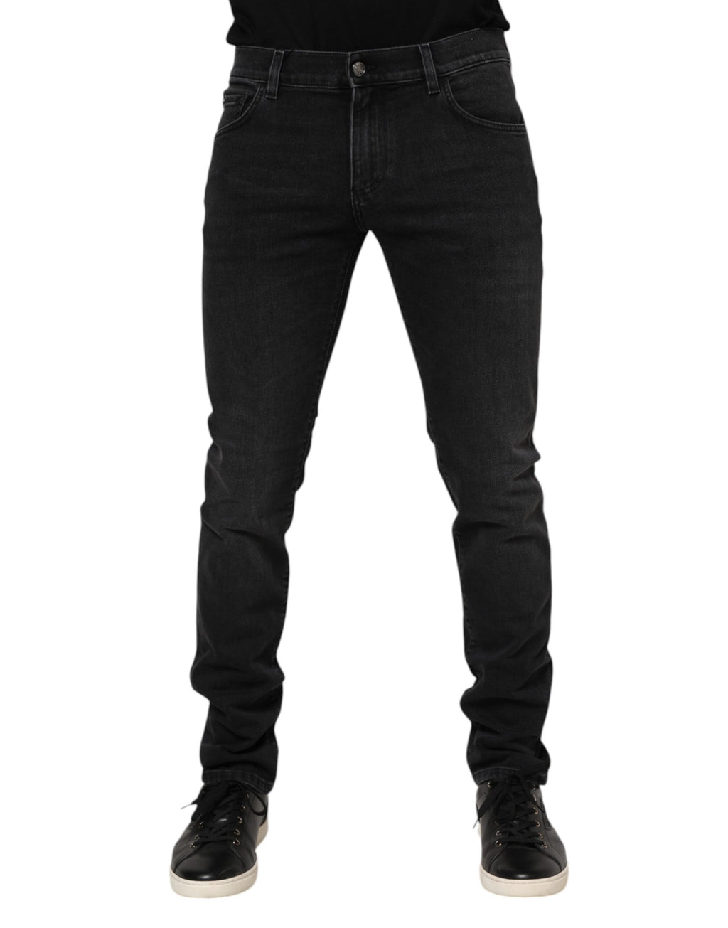 Pantalon homme Dolce & Gabbana en coton noir, coupe skinny, style jean denim élégant, visibles détails de couture.