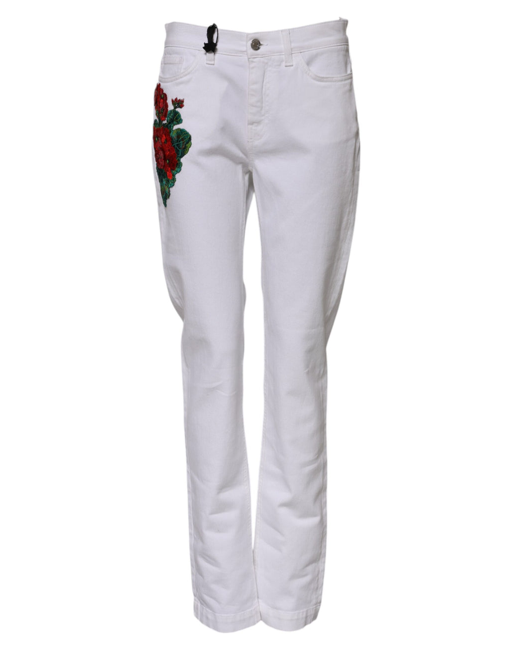 Jeans en jean blanc Dolce & Gabbana à motifs floraux, broderies scintillantes et style girly, vue de face.