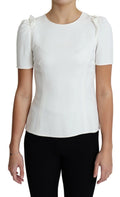Blouse blanche à manches courtes en viscose et acétate de la marque Dolce & Gabbana, vue de face.