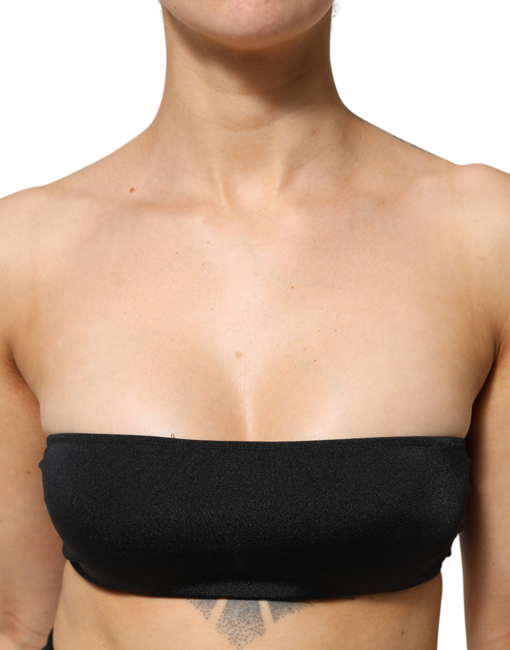 Top bustier sans bretelles noir en nylon mélangé de Dolce & Gabbana, vue de face.