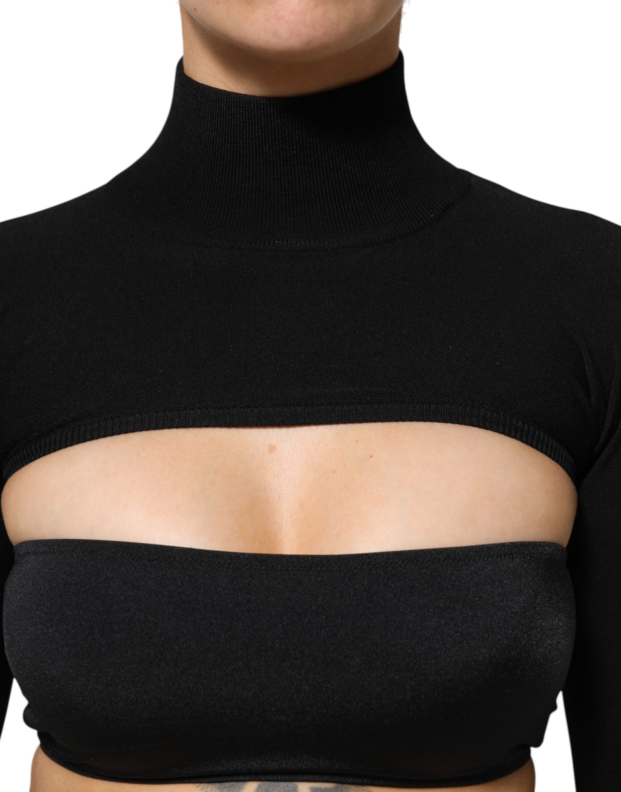 Pull à col roulé court noir en viscose de Dolce & Gabbana, haut moulant avec col montant élégant.