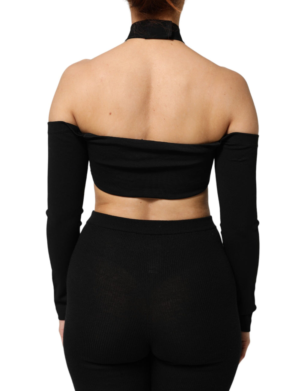 Top court en viscose noir Dolce & Gabbana, halter et décolleté asymétrique, coupe courte élégante.