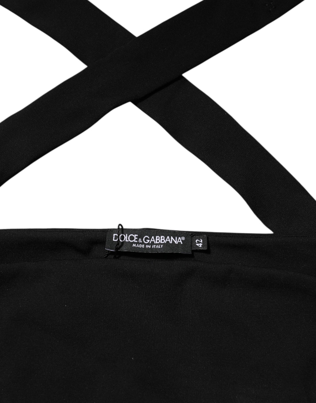 Top court Dolce & Gabbana noir en viscose, halter et décolleté épaules, coupe courte élégante.