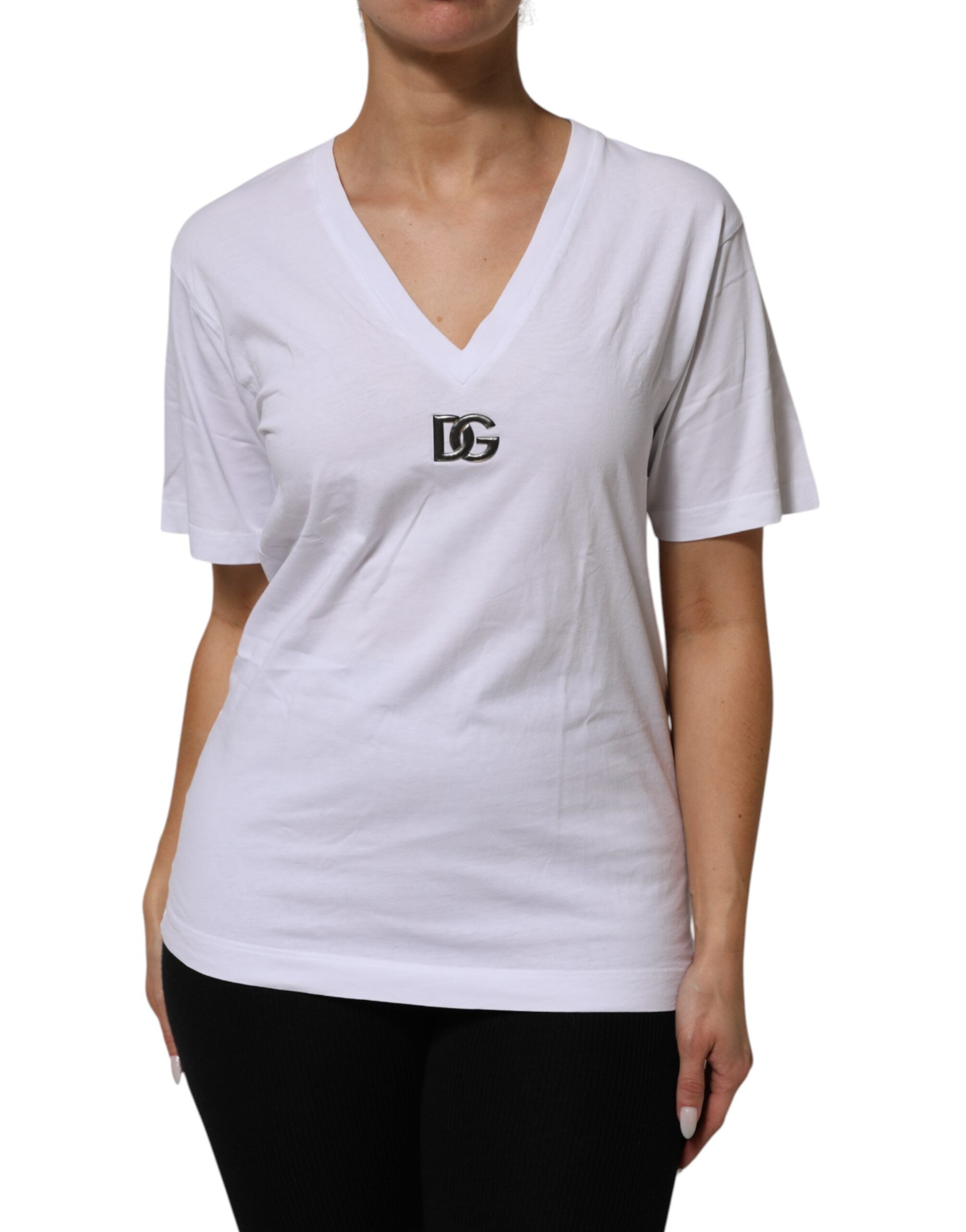 T-shirt blanc en coton à col en V et manches courtes de Dolce & Gabbana, vue de face, élégance décontractée.