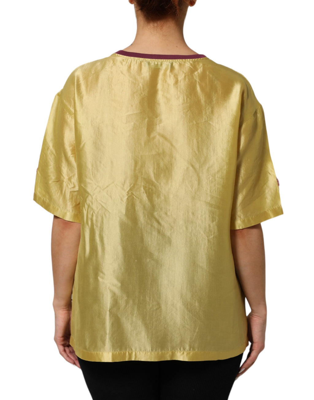 Haut en soie satin jaune avec manches courtes, broderie florale en dentelle, de la marque Dolce & Gabbana