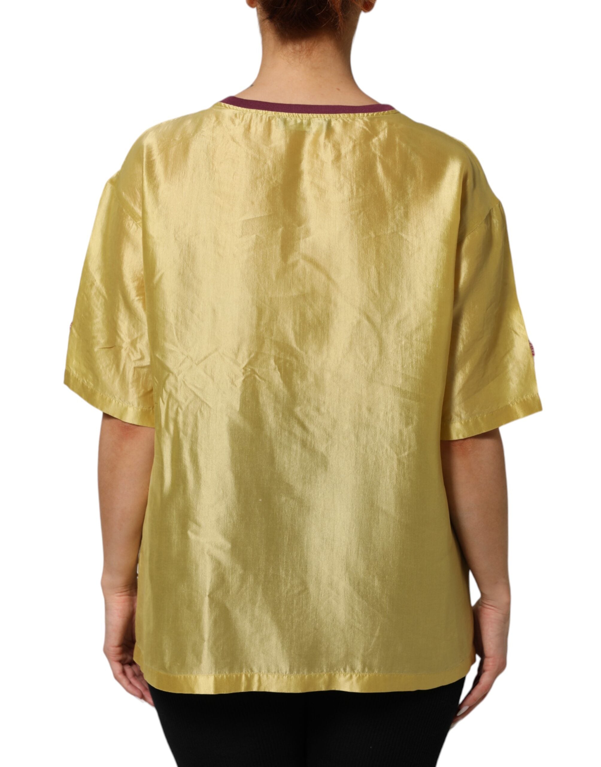 Haut en soie satin jaune avec manches courtes, broderie florale en dentelle, de la marque Dolce & Gabbana